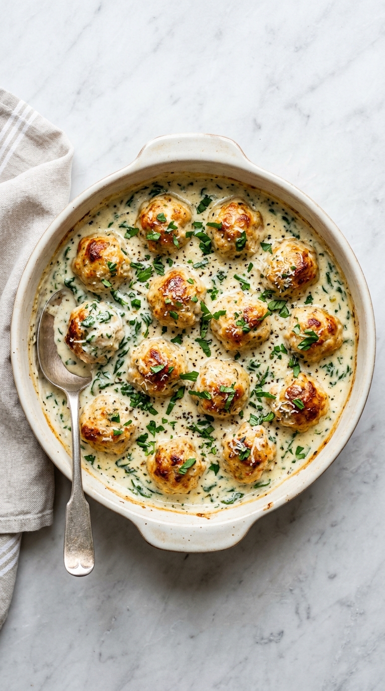 A bowl of meatballs in a creamy sauce.