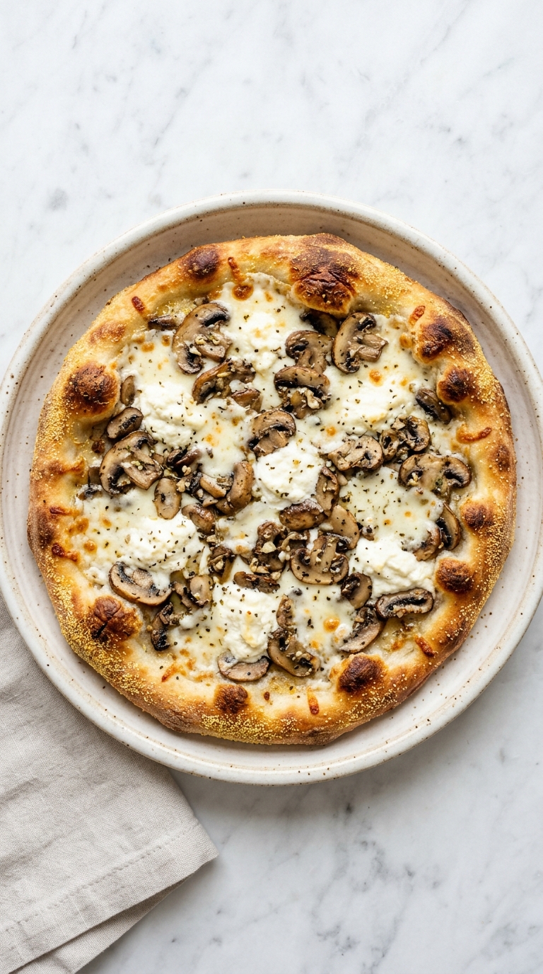 A white mushroom pizza with cheese and mushrooms on top.
