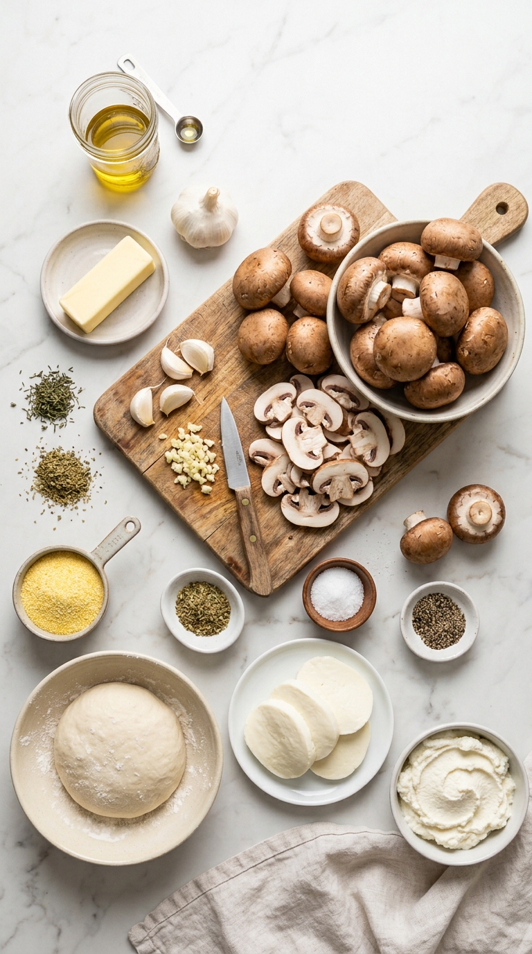 A wooden cutting board with a knife and a bowl of mushrooms.