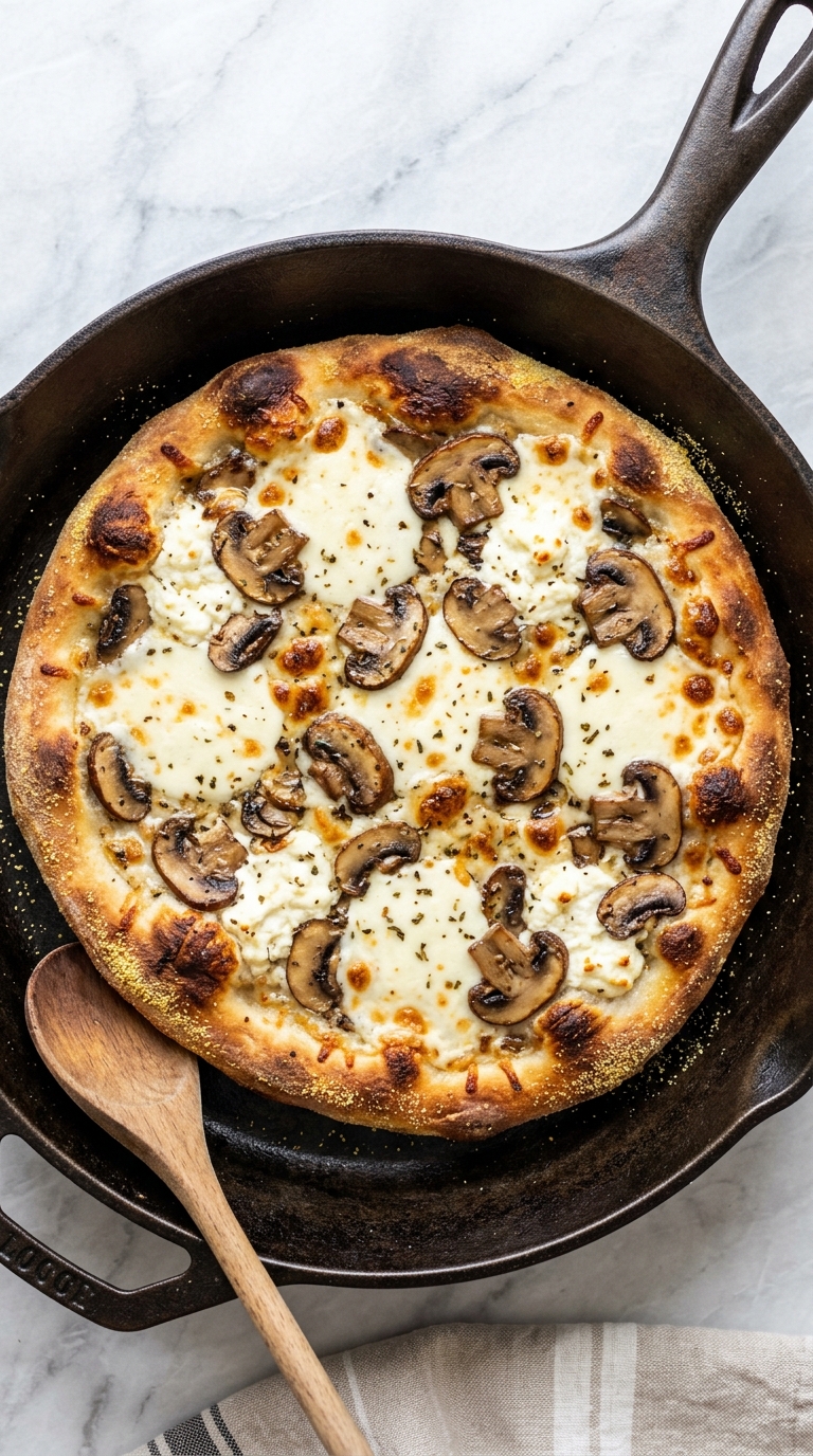 A pizza with white mushrooms on top.