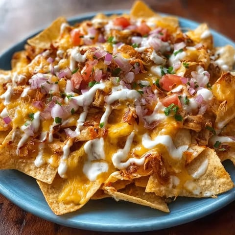 A plate of nachos with cheese and tomatoes.
