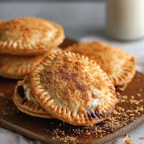 S'mores hand pies on a wooden tray.