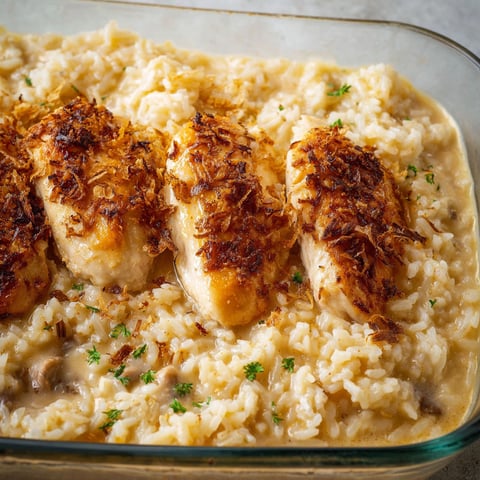 A dish of rice with chicken and mushrooms.