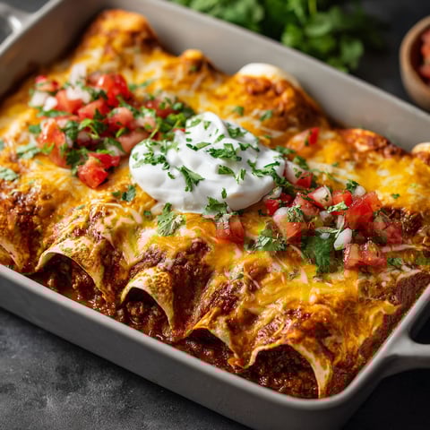 A pan of enchiladas with tomatoes and cheese.