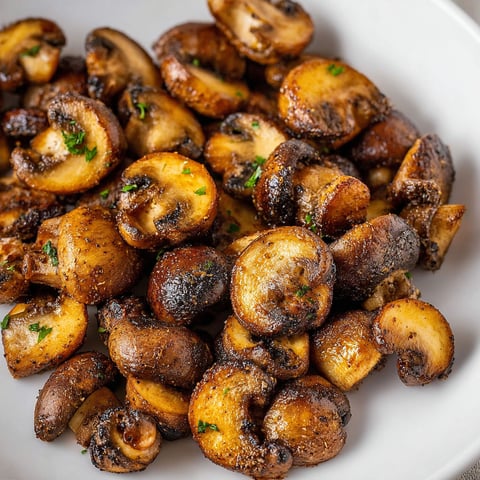 A plate of mushrooms cooked in an air fryer.