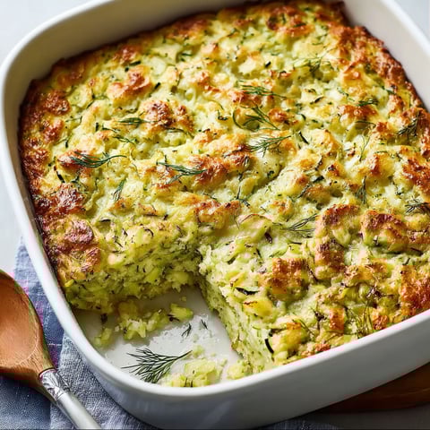 A white bowl with a slice of a zucchini dill casserole.