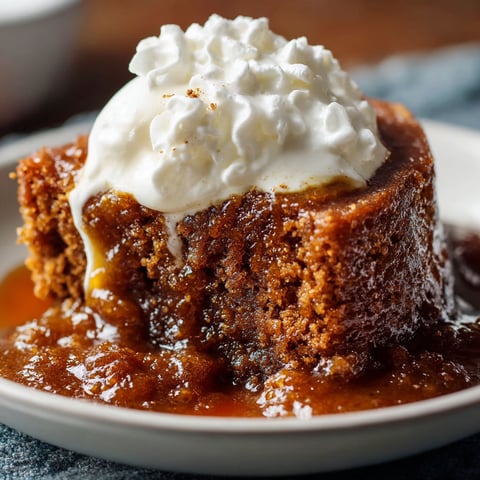 A slice of gingerbread pudding cake with whipped cream on top.