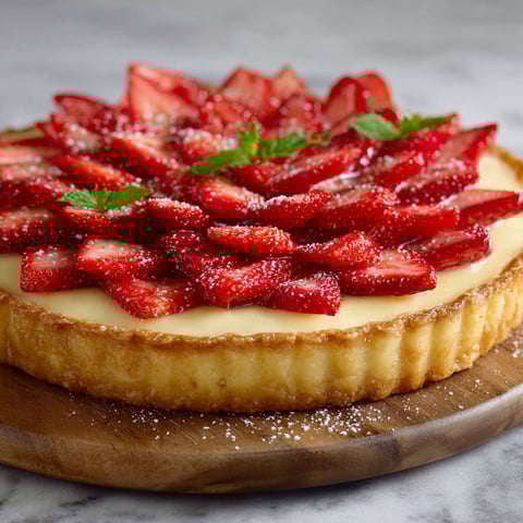 A vanilla custard and strawberry tart.