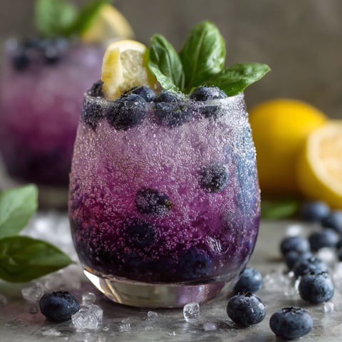 A glass of blueberry basil lemon mocktail.
