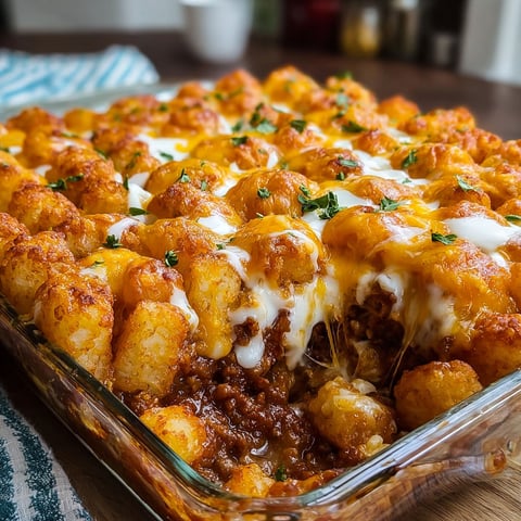 A chili cheese tater tot casserole in a glass dish.