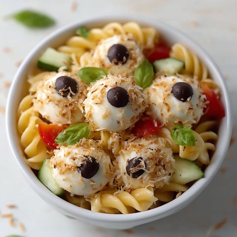 A bowl of pasta salad with black olives, tomatoes, and cucumbers.