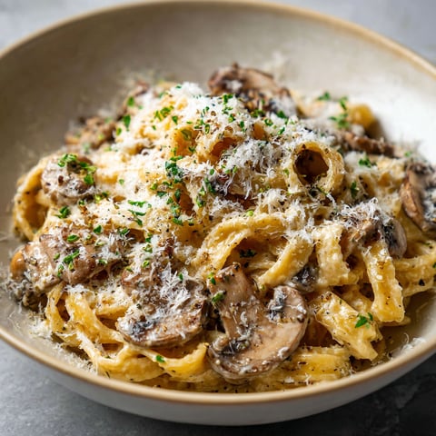 A bowl of creamy mushroom pasta.