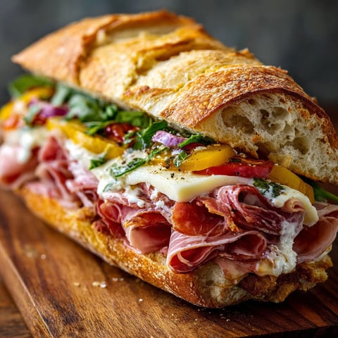 A toasted Italian sandwich with meat, cheese, and vegetables.