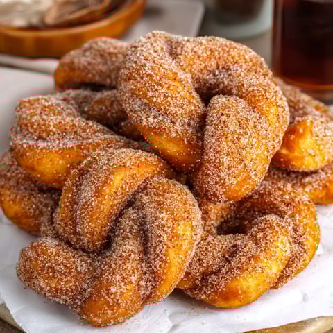 A pile of cinnamon sugar twist donuts.