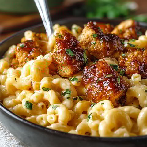 A bowl of mac and cheese with chicken and honey pepper sauce.