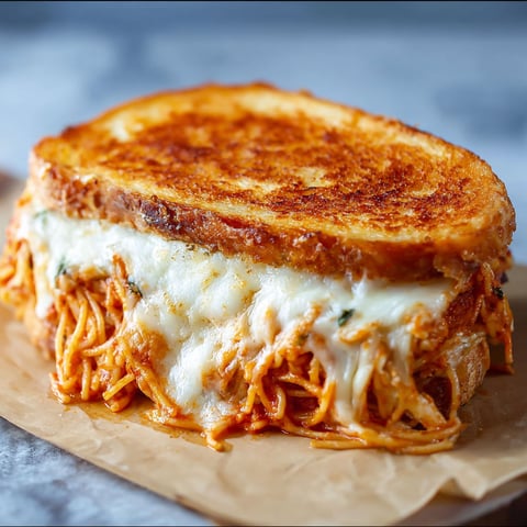 A grilled cheese sandwich with spaghetti noodles inside.