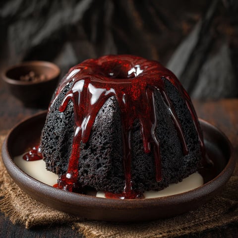 A close up of a black chocolate cake with red icing.