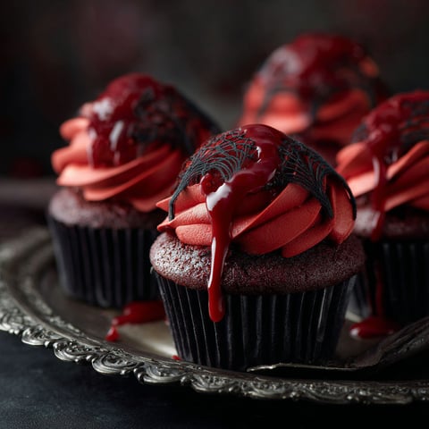 Red cupcakes with chocolate frosting and drizzled with red icing.