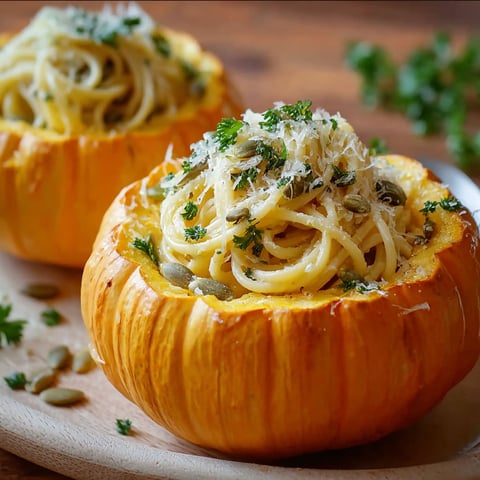 Two pumpkin cauldrons filled with pasta.