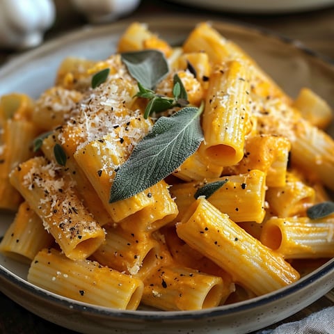 A bowl of rigatoni with pumpkin and sage.