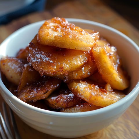 A bowl of fried apples with sugar on top.