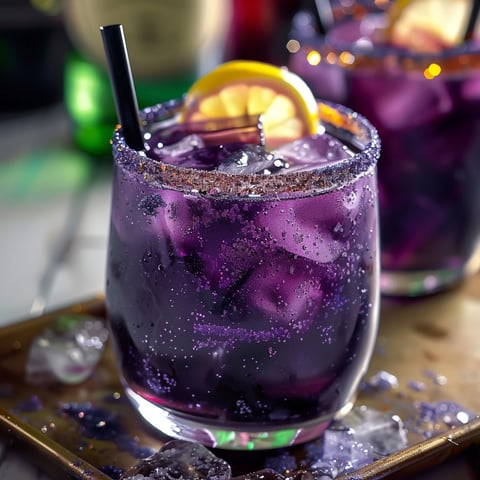A glass of purple drink with a lemon wedge in it.
