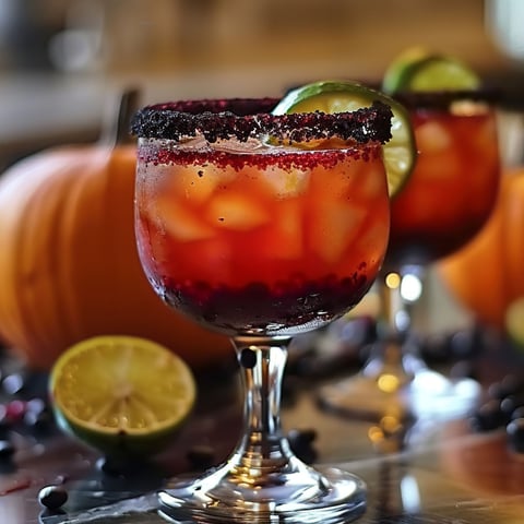Two glasses of margaritas with limes and raspberries.