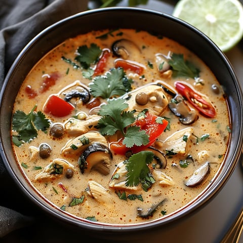 A bowl of Thai chicken soup with vegetables and spices.