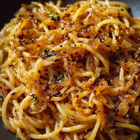 A close up of a dish of caramelized onion pasta with chili oil.