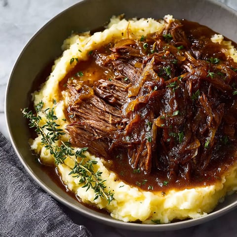 A bowl of pot roast with onions and herbs.