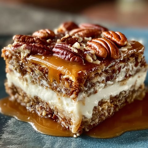 A slice of pecan pie lasagna on a blue plate.