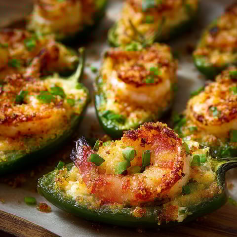 A plate of jalapenos filled with shrimp.