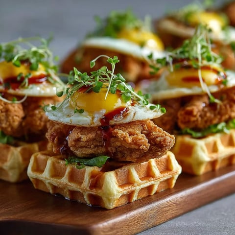 Mini chicken and waffle sliders on a wooden board.