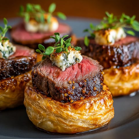 Mini beef wellington bites with blue cheese.