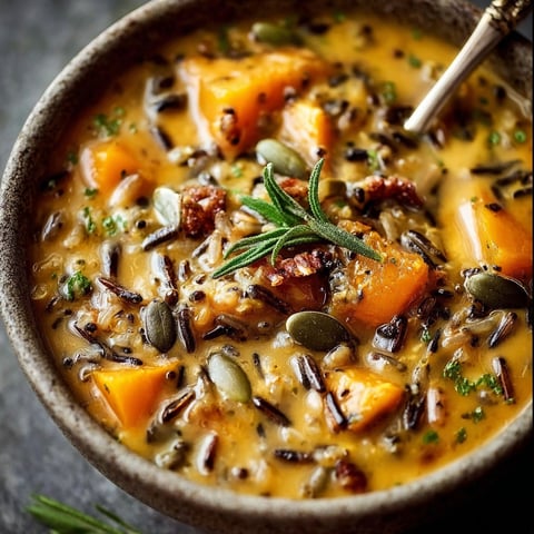 A bowl of soup with pumpkin, rice, and wild rice.