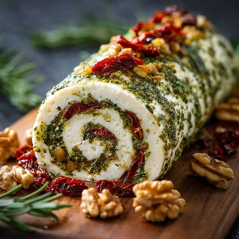 A cheese log with pesto and sun dried tomatoes.