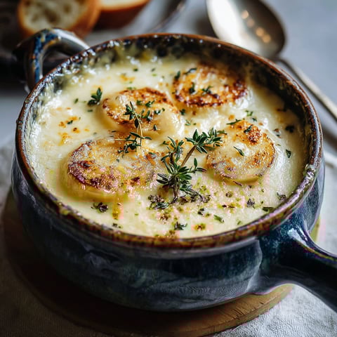A bowl of soup with garlic and herbs.