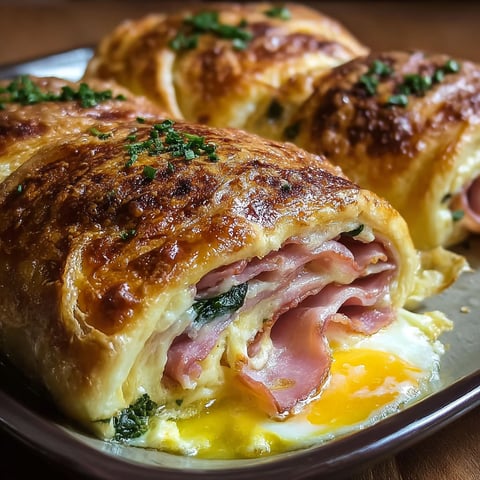A plate of breakfast rolls with spinach and ham.