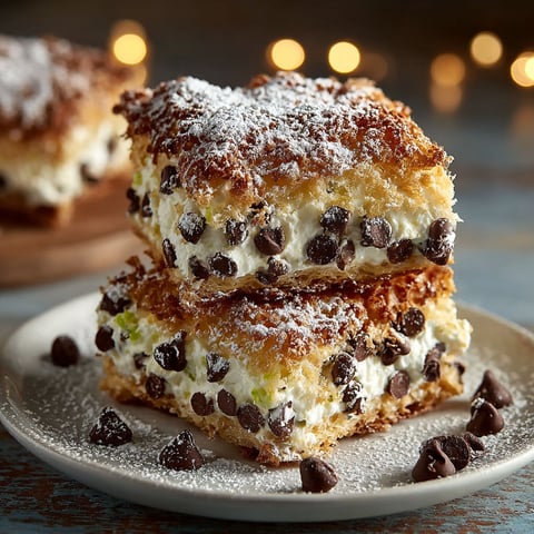 Classic Cannoli Squares with white powdered sugar and chocolate chips.