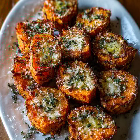 A plate of baked sweet potatoes with Parmesan cheese and herbs.