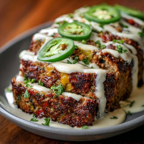 A plate of smoky jalapeño popper meatloaf with creamy ranch drizzle.