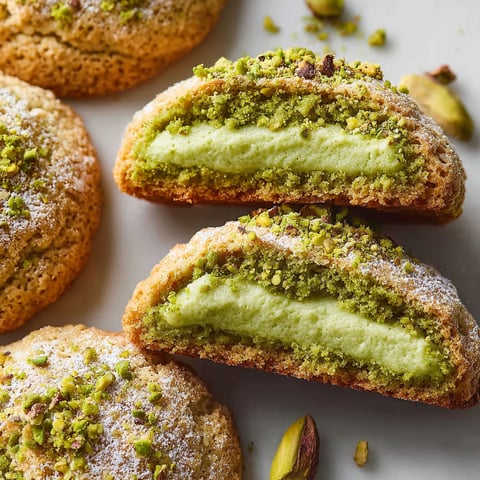 A close up of a pistachio cream cookie.