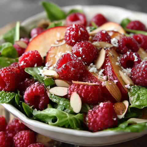 A bowl of salad with white peaches, raspberries, almonds and greens.