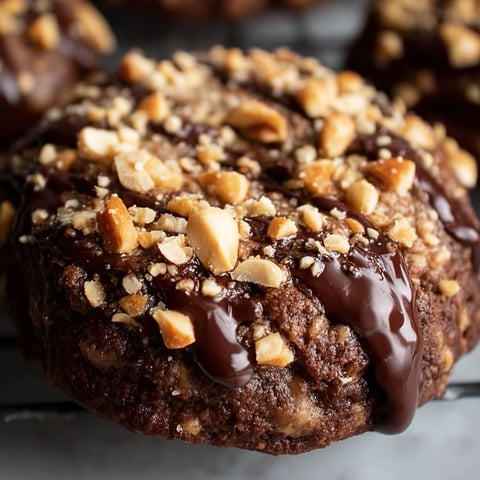 A chocolate hazelnut crunch cookie with a drizzle of chocolate.