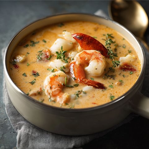 A bowl of seafood soup with shrimp and crab.