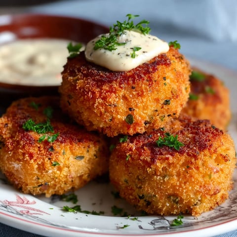 A plate of salmon croquettes with a white sauce on top.