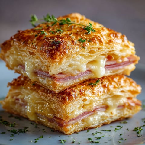 Three stacks of crispy ham and cheese puff pastry.