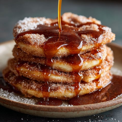 A stack of churro pancakes with syrup drizzled on top.