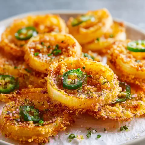 A plate of onion rings with jalapenos on top.