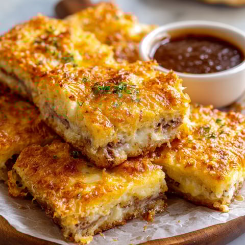 French dip squares with sauce.